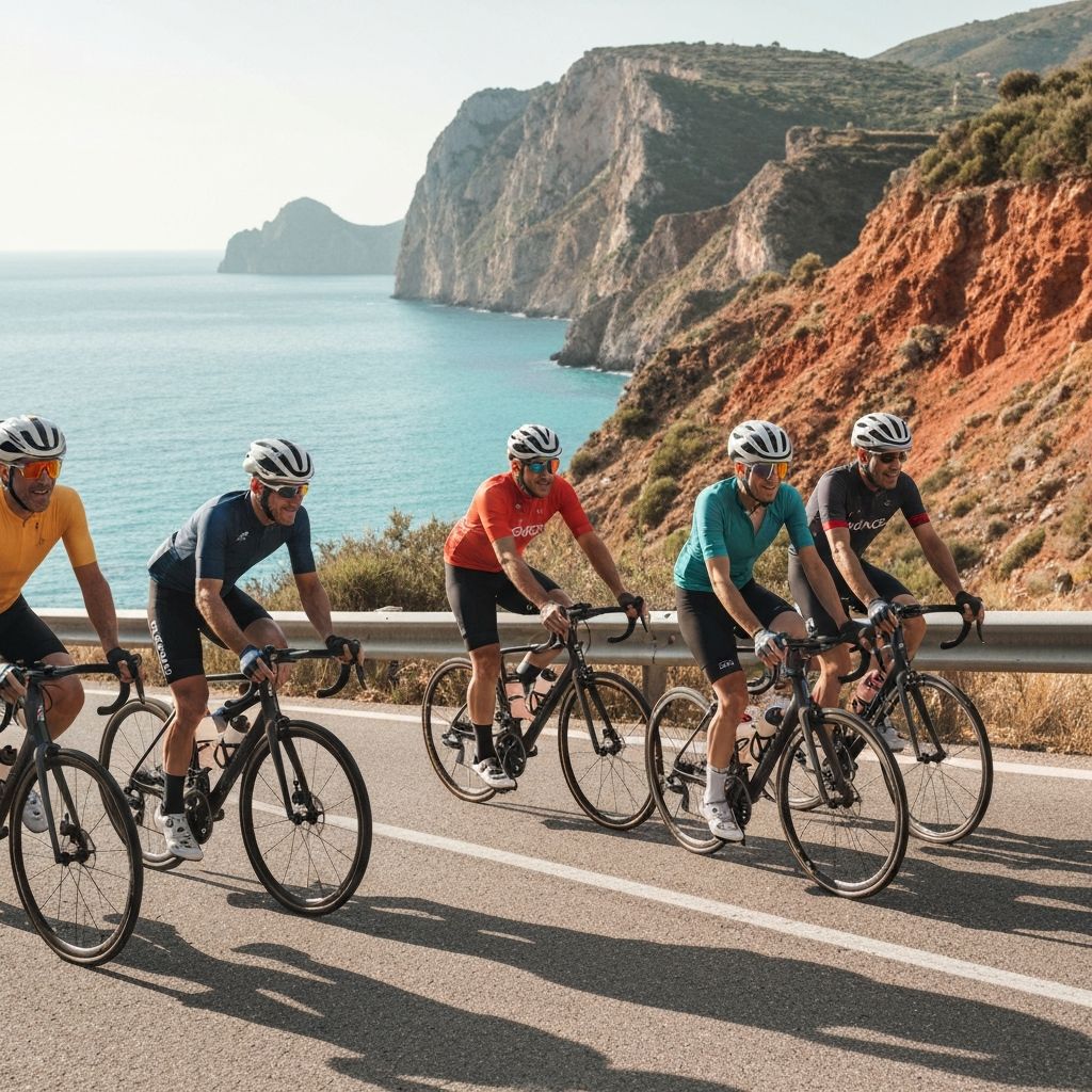 Professional cyclists riding through scenic Sicilian landscape
